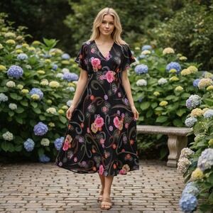 Millenium Floral‎ Paisley Faux Wrap Midi Dress Black Pink Split Sleeve 16 Sheer